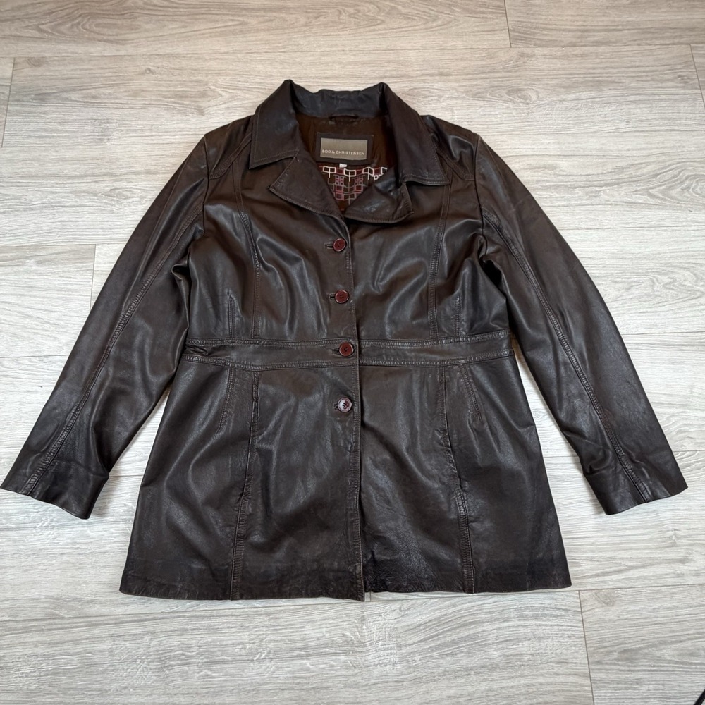 Vintage BOD & CHRISTENSEN Womens Dark Brown Soft Leather Trench Coat Jacket XXL